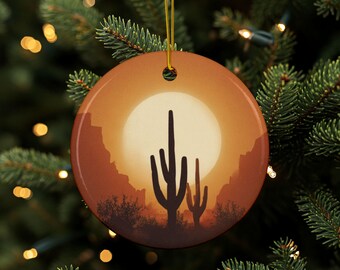 ウエスタンオーナメント、砂漠のサボテン、素朴な装飾、素朴なウエスタンファーム装飾、カウボーイクリスマス、牧場風ホームデコレーション、丸型セラミックオーナメント