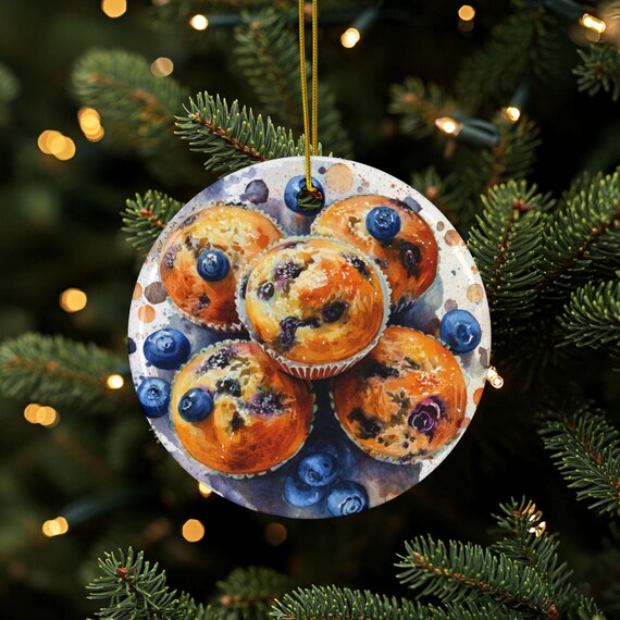 Baking Ornament, Blueberry Muffins, Double Sided Décor, Ceramic Muffin Tree Ornament, Holiday Kitchen Décor, Baker Gift, Pastry Lover Gift