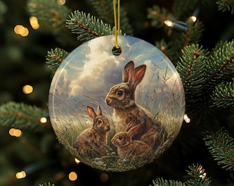Rabbit Ornament, Bunny Family, Bunny Ornament, Easter Ornament, Woodland Décor, Spring Décor, Animal Décor, Double Sided Ceramic
