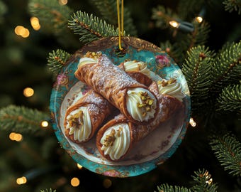 Cannoli-prydnad, keramisk prydnad, julgransdekoration, italiensk dessertprydnad, matpresent, bakdekoration för högtider, present till matälskare