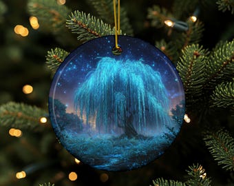 Willow Ornament, Bioluminescent Willow, Double Sided Ceramic, Christmas Tree Décor, Nature Décor, Holiday Décor, Fantasy Style