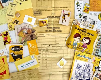 May include: A collection of vintage ephemera, including yellowed papers, cards, and illustrations. The items feature illustrations of children, animals, and musical notes. There are also receipts, stamps, and a playbill.
