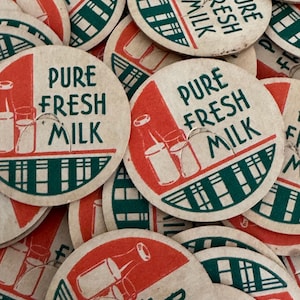 Vintage Milk Caps,12 piece,PURE FRESH MILK,Vintage Ephemera,Junk Journal,Paper Crafts,Altered Art,Vintage advertising,vintage dairy, collage