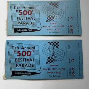 1967 Vintage 500 Festival Parade Ticket Stub, set of 2, IndyCar,Indianapolis 500,Indy 500,Indy Race,Indianapolis, race fan, authentic