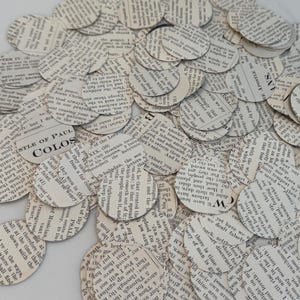 May include: A collection of numerous small, circular paper cutouts featuring printed black text from a book. Each individual piece displays various segments of sentences and words in a serif font, creating a scattered pile of off-white paper.