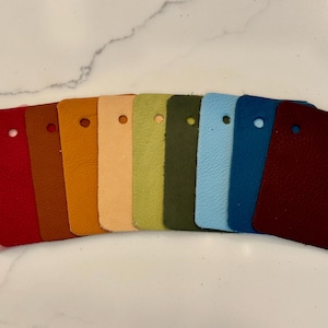 May include: A collection of ten rectangular leather swatches arranged in a fan shape. Each swatch features a single circular hole punched near the top edge. The colors include light pink, red, brown, orange, beige, lime green, olive, light blue, dark blue, and deep maroon.