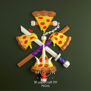 May include: A papercraft DIY pizza kit featuring four pizza slices, two swords, and a purple stick. The pizza slices are yellow with red pepperoni and a white crust. The swords are silver with blue handles. The stick is purple with a white handle. The text "MOON STUDIO 3D papercraft DIY PIZZAS" is at the bottom of the image.
