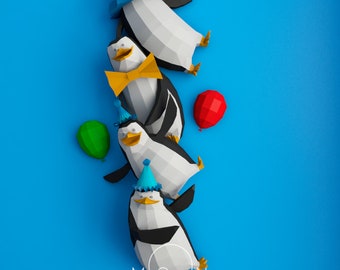 The penguins of Madagascar, DIY, Papercraft, PDF, Low Poly, 3D model, Paper, TV, Movie, Cinema, Wall Decor.