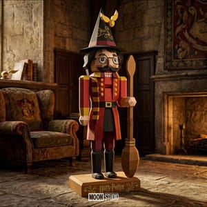 Könnte beinhalten: Eine Low-Poly-Nussknackerfigur mit spitzem Zaubererhut und goldenem Schnatz-Emblem, runder Brille und Schnurrbart. Die Figur trägt eine rot-goldene Uniform, hält einen hölzernen Besen und steht auf einem Sockel mit der Aufschrift Harry Potter.