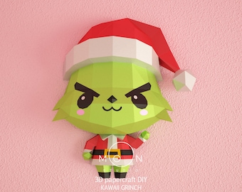 Kawaii Grinch, DIY, Papercraft, PDF, Svg, Dxf, Low Poly, 3D model, Craft, Cricut, maker, Merry Christmas, December, New Year, Wall Decor