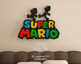 May include: A colorful Super Mario logo and silhouette figures are mounted on a wall. The logo features the words "SUPER MARIO" in red, yellow, blue, and green, with black outlines. Two black Mario silhouettes are above the logo.