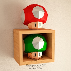 Mushroom, DIY, Papercraft, PDF, Svg, Dxf, Low Poly, 3D model, Craft, Paper, M4r10, Retro Game, Nes, Snes, GBA, Gb, Room Decor