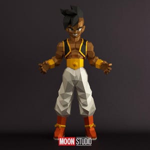 May include: A geometric papercraft figure of a character with dark skin, black hair, and a determined expression. The figure wears a yellow and black vest, a yellow belt, white pants, and red boots. The figure is standing with arms outstretched. The Moon Studio logo is at the bottom.