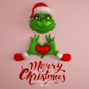 Grinch, DIY, Papercraft, PDF, Svg, Dxf, Low Poly, modèle 3D, Craft, Cricut, maker, Joyeux Noël, Décembre, Nouvel An, Décoration murale