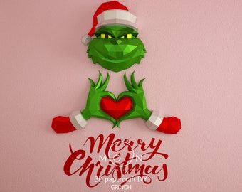 Grinch, DIY, Papercraft, PDF, Svg, Dxf, Low Poly, 3D model, Craft, Cricut, maker, Merry Christmas, December, New Year, Wall Decor