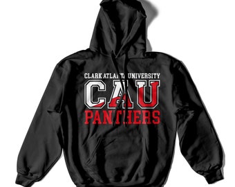 May include: Black hooded sweatshirt with the text "Clark Atlanta University CAU Panthers" in white and red lettering.
