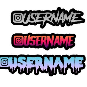 May include: Three Instagram username designs. The top design is gray with black trim. The middle design is a gradient of orange, pink, and purple with black trim. The bottom design is a gradient of blue and purple with black trim.