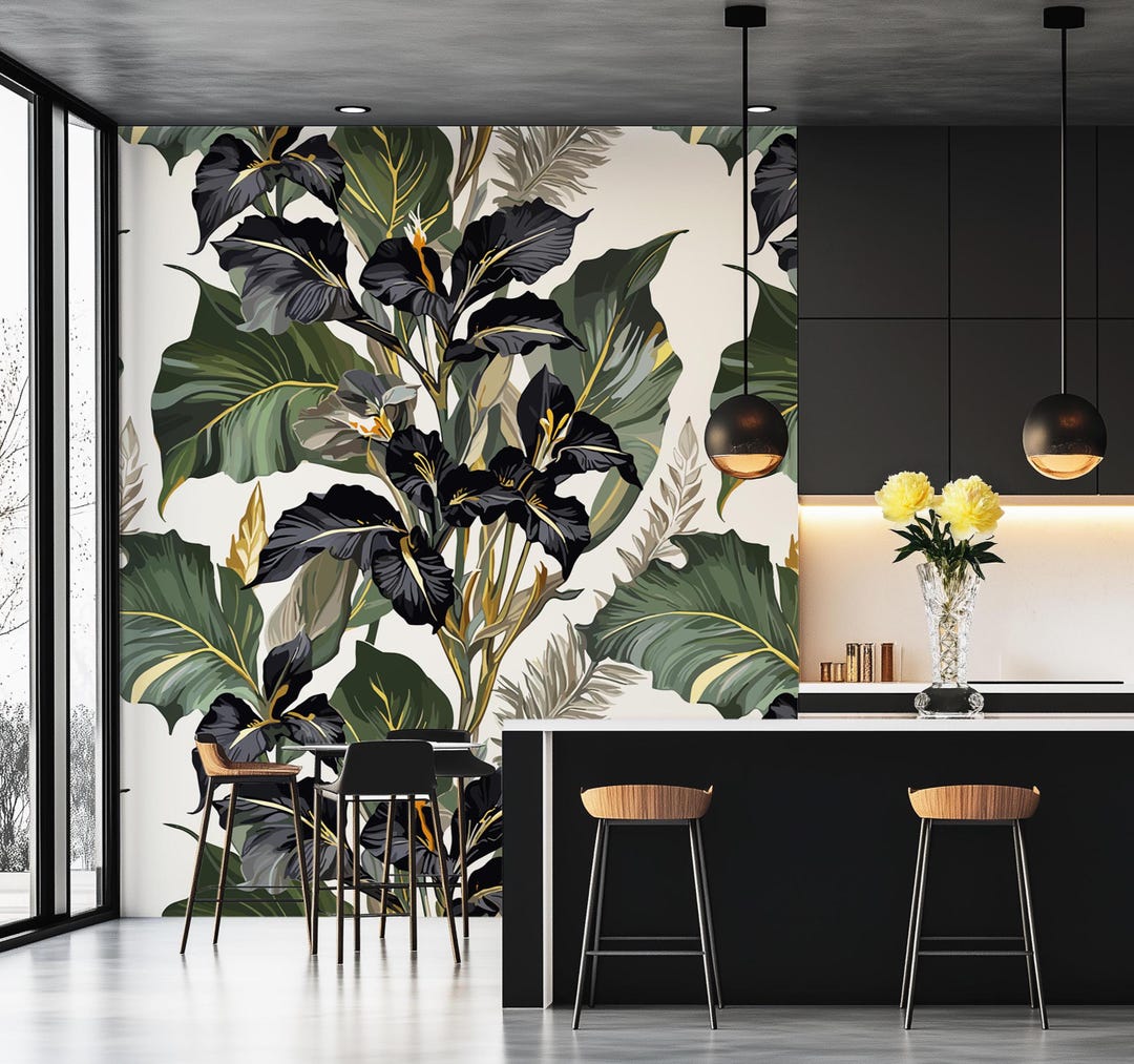 Dark Tropical Botanical Wallpaper - Luxury Black and Green Leaf Mural ...