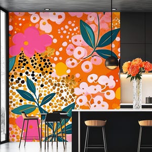 Retro Abstract Floral Wallpaper, Mid Century Modern Peel and Stick Accent Wall 286