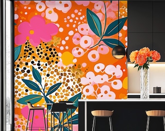 Retro Abstract Floral Wallpaper, Mid Century Modern Peel and Stick Accent Wall 286