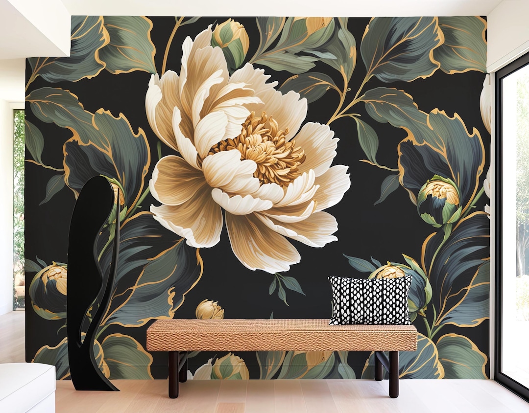 Dark Peony Floral Wallpaper, Moody Vintage Black and Gold Home Decor ...