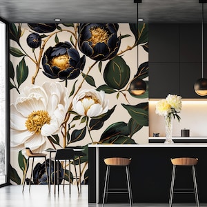 Black Floral Wallpaper - Green Botanical Peony Wall Mural, Victorian Peel and Stick Decor 481