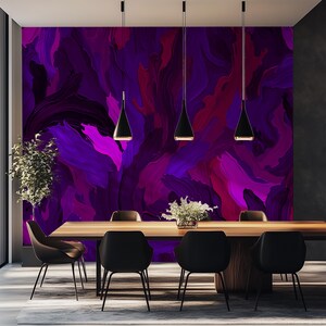 May include: A dining room with a wooden table and black chairs. The wall behind the table is painted with abstract purple and pink brushstrokes.