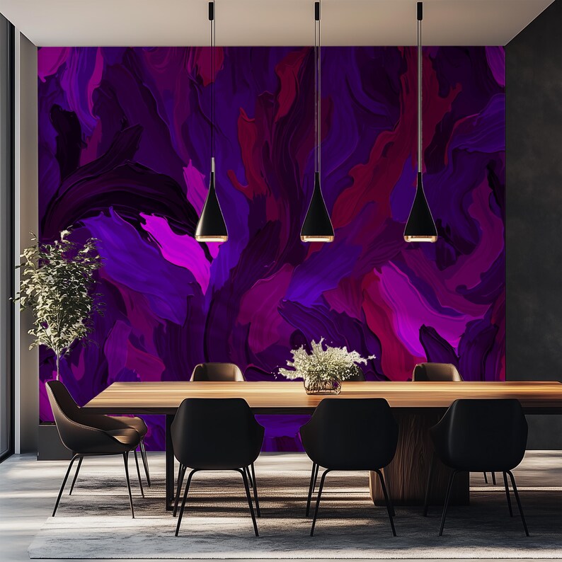 May include: A dining room with a wooden table and black chairs. The wall behind the table is painted with abstract purple and pink brushstrokes.