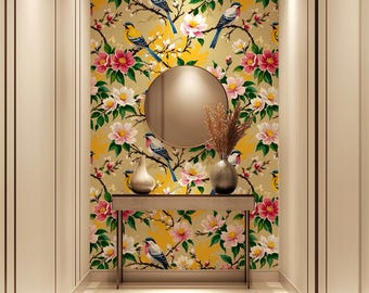 Chinoiserie Bird Floral Wallpaper - Yellow, Green, Pink Botanical Mural 269