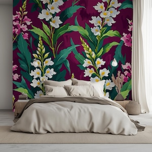 Large Floral Wallpaper Colorful Wallpaper Dark Botanical Wallpaper Maximalist Wallpaper Bold Wallpaper Floral BrightWall Art 321