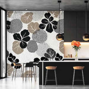 Black Taupe Botanical Wallpaper, Sculptural Floral Statement, Modern Art Deco Peel and Stick 333