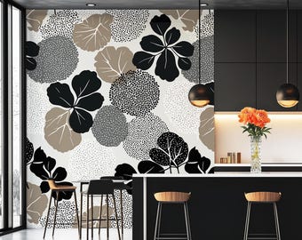 Black Taupe Botanical Wallpaper, Sculptural Floral Statement, Modern Art Deco Peel and Stick 333