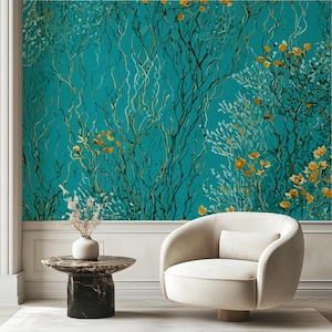 Teal Botanical Peel and Stick Wallpaper, Green Floral Self Stick Mural 284