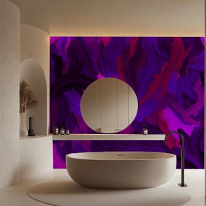 May include: A modern bathroom with a purple and pink abstract wall mural, a round mirror, a white bathtub, and a black faucet.