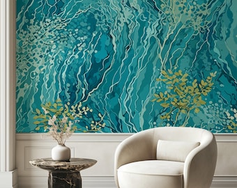 Teal Ocean Botanical Wallpaper Mural - Modern Abstract, Peel and Stick Decor 282