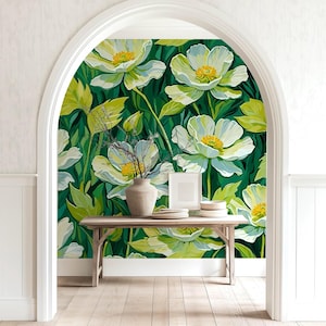 Floral Wallpaper Mural, Dark Green Funky Design 296