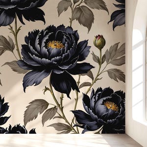 Dark Peony Wallpaper - Large Black Floral on Warm Beige, Romantic Statement Wall 332