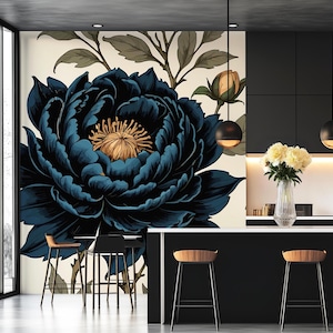 May include: A large, stylized floral wall mural featuring a dark blue peony with a golden center. The artwork is set against a cream background with green leaves and stems. The image is part of a modern interior design.