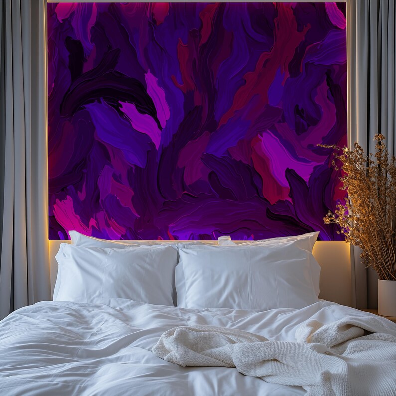 May include: A white bed with a white duvet and two white pillows. The headboard is decorated with a large abstract painting in shades of purple, pink, and black.
