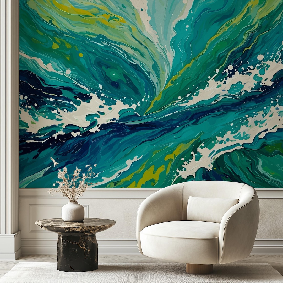 Wallpaper Peel and Stick Green Blue Teal White Wave Modern Large