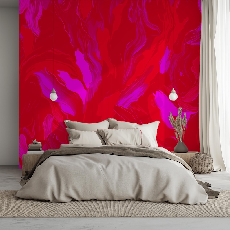 May include: A white bed with a brown headboard and white bedding. The wall behind the bed is painted with a red and pink abstract design.