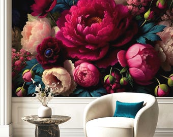 Dark Peony Bouquet Wallpaper, Dutch Floral Mural, Dramatic Vintage Botanical Wall Decor 17