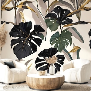 Neutral Monstera Leaf Wallpaper, Tropical Botanical Wall Decor, Organic Modern Jungle Print 516