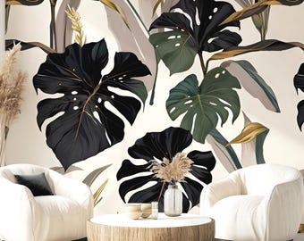 Neutral Monstera Leaf Wallpaper, Tropical Botanical Wall Decor, Organic Modern Jungle Print 516