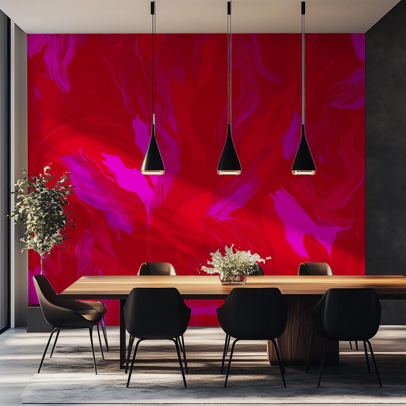 May include: A dining room with a red and pink abstract wall mural, a wooden table, and six black chairs. Four black pendant lights hang above the table.