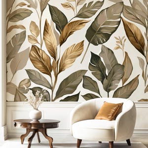 Neutral Tropical Leaf Wallpaper, Beige Jungle Monstera Decor 512