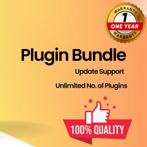 Puede incluir: Imagen con un fondo degradado amarillo y naranja. El texto "Plugin Bundle" está en letras negras grandes. Debajo están las palabras "Update Support" y "Unlimited No. of Plugins". Una pancarta roja dice "100% QUALITY".