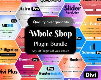 Whole Shop WordPress Plugin Bundle, WordPress Mega Package, 20 Top rated plugins of your choice for building almost any type of website.