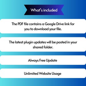 K&ouml;nnte beinhalten: Eine blaue und wei&szlig;e Grafik mit dem Text "What's included" in einem wei&szlig;en Banner mit abgerundeten Ecken. Die Grafik listet vier Vorteile auf: eine PDF-Datei mit einem Google Drive-Link zum Herunterladen einer Datei, Plugin-Updates in einem freigegebenen Ordner, kostenlose Updates und unbegrenzte Website-Nutzung.