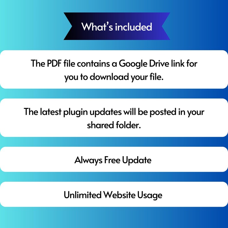K&ouml;nnte beinhalten: Eine blaue und wei&szlig;e Grafik mit dem Text "What's included" in einem wei&szlig;en Banner mit abgerundeten Ecken. Die Grafik listet vier Vorteile auf: eine PDF-Datei mit einem Google Drive-Link zum Herunterladen einer Datei, Plugin-Updates in einem freigegebenen Ordner, kostenlose Updates und unbegrenzte Website-Nutzung.